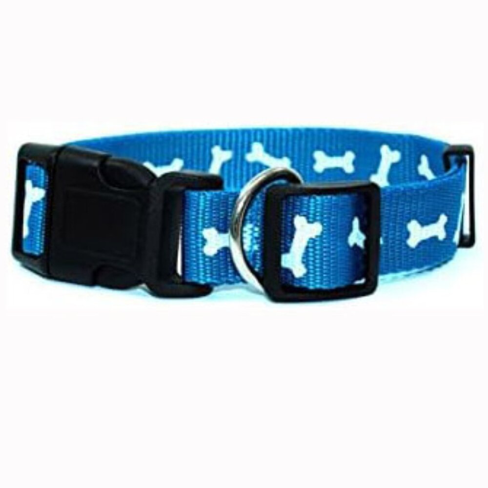 Dog Collar: Adjustable Bone-design Blue Nylon, Large
